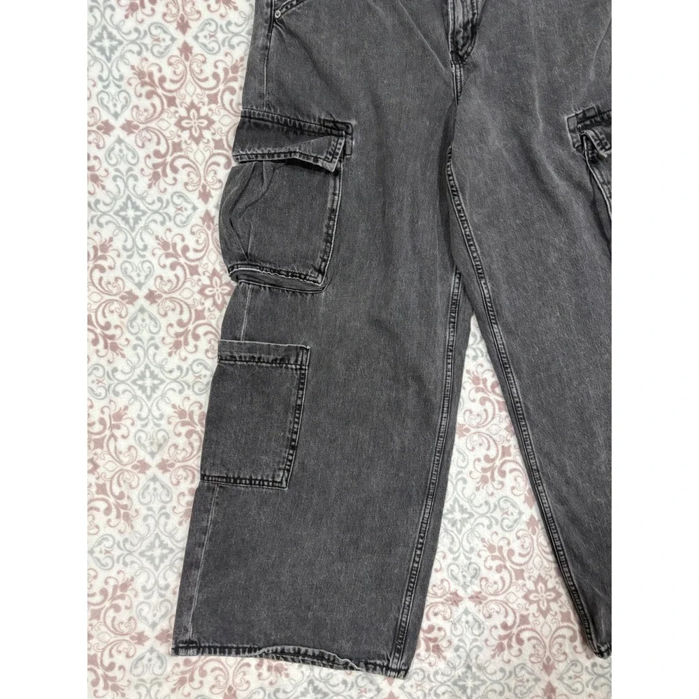 Old Navy Drapey Denim Baggy Wide Leg Cargo Jeans Washed Black Gray Size 12 Cotto